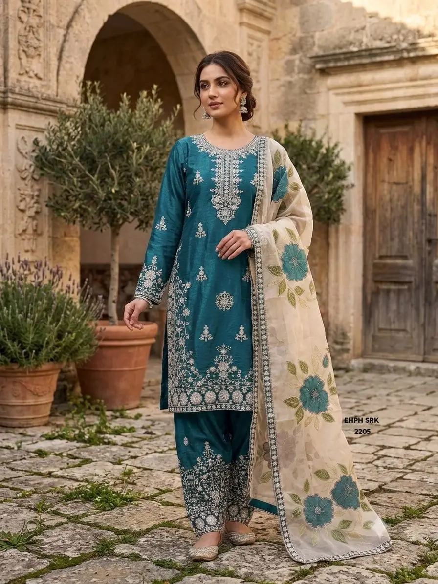 Mehndi Olive Green Jimi Chu Silk Heavily Embroidered Straight Kurta with Palazzo Pants